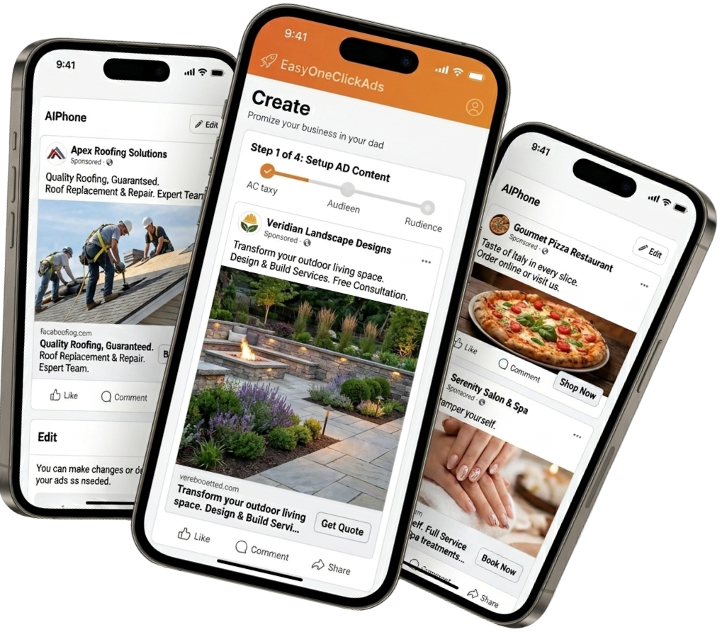EasyOneClickAds app showing Facebook ads on mobile